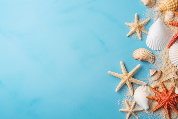 Фото Концепция летнего времени плоская композиция с красивыми морскими звездами и морскими ракушками на цветной столешнице