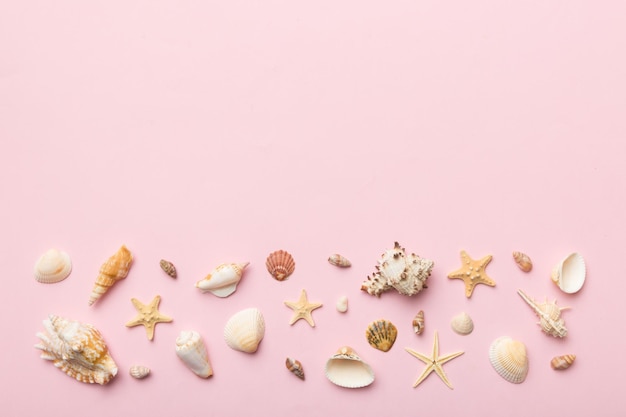 Photo summer time concept flat lay composition with beautiful starfish and sea shells on colored table top view with copy space for text