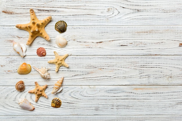 Summer time concept Flat lay composition with beautiful starfish and sea shells on colored table top view with copy space for text