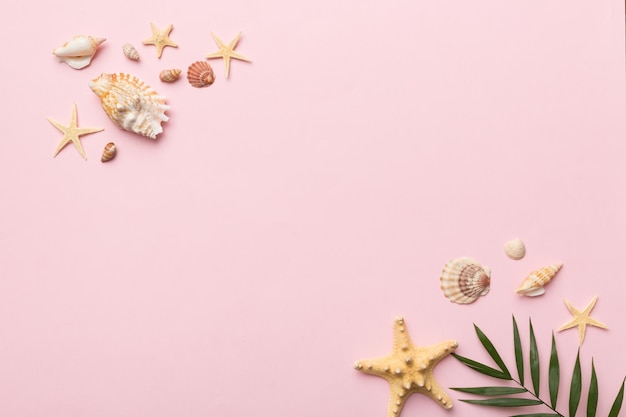 Photo summer time concept flat lay composition with beautiful starfish and sea shells on colored table top view with copy space for text