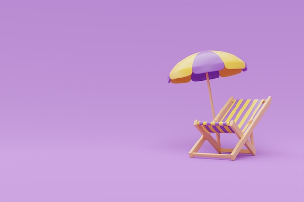 Summer time concept with beach chair and beach umbrella on purple background 3d rendering