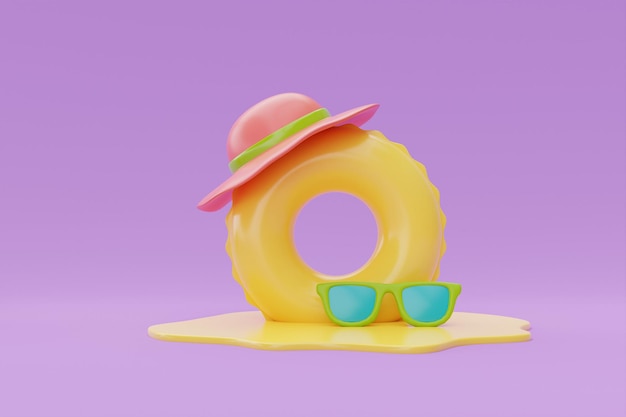 Summer time concept with inflatable ring and colorful summer beach elements 3d rendering