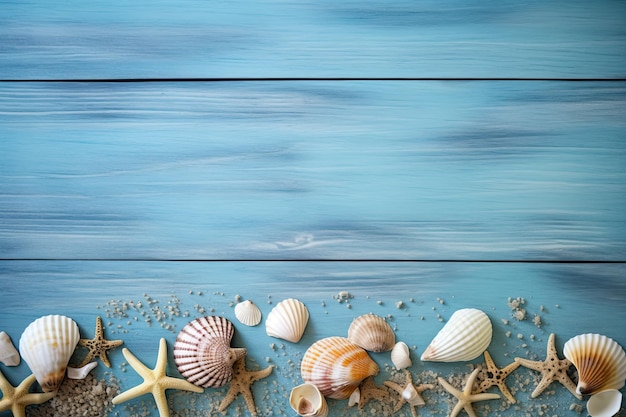 Summer time concept with sea shells and starfish on a blue wooden background and sand with copy space