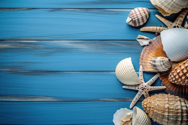 Summer time concept with sea shells and starfish on a blue wooden background and sand with copy space