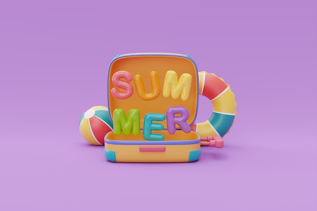 Summer time concept with suitcase and colorful summer beach elements 3d rendering