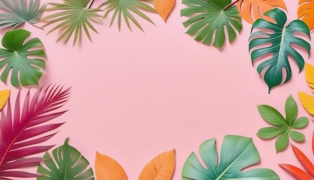 Summer time frame background template tropical leaves on pastel background copy space top view