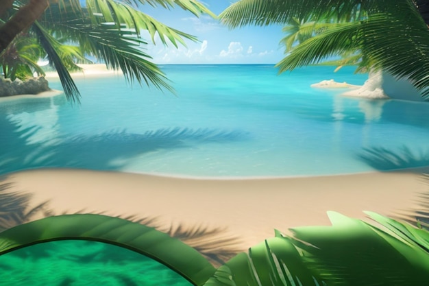 Summer time illustration with palm leaves and ocean landscape