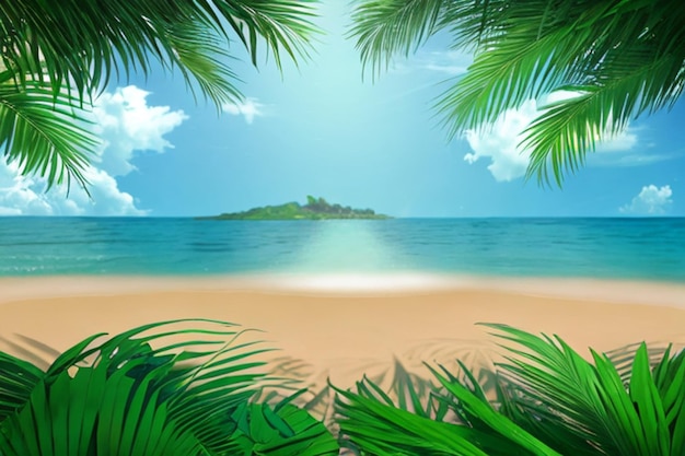 Summer time illustration with palm leaves and ocean landscape
