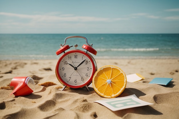 Photo summer time paper card and alarm clock on the beachtable