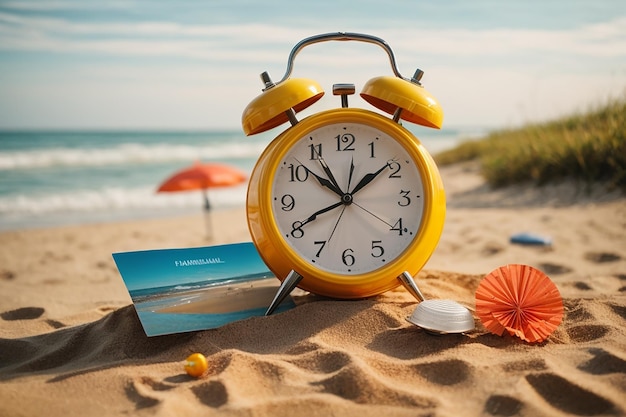 Photo summer time paper card and alarm clock on the beachtable