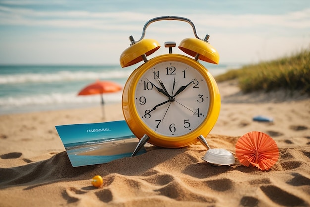 Foto orario estivo carta cartacea e sveglia sul beachtable