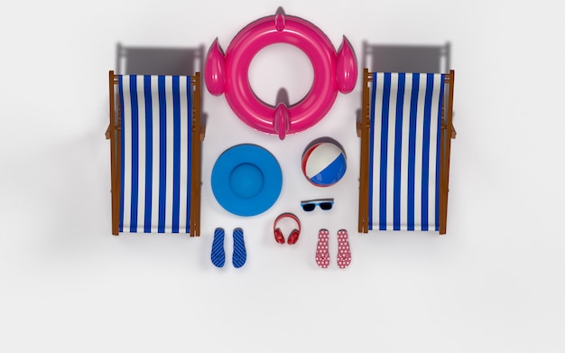 Photo summer time with elements, flamingo float, pool ring, ball, ring floating and chair