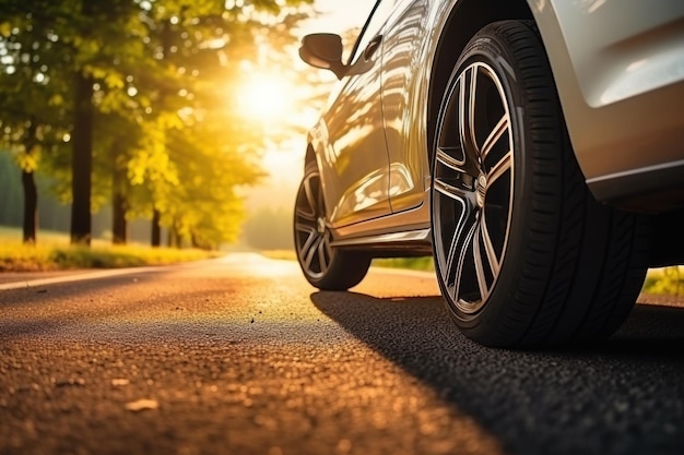 Summer tires on the asphalt road in the sun time for summer tires Generative AI