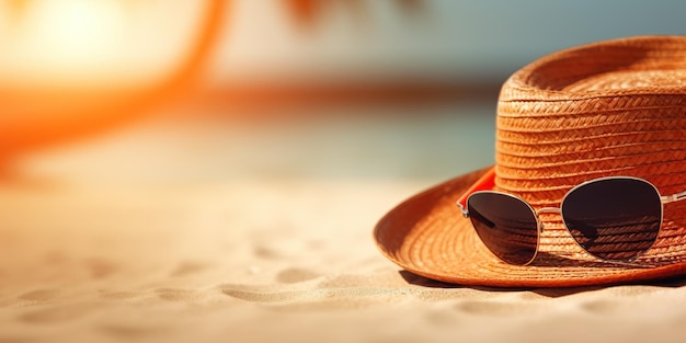 концепция баннера летнего путешествия счастливого отдыха на песчаном тропическом морском пляже панамская шляпа и солнцезащитные очки