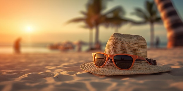 夏旅行バナー コンセプト熱帯海の砂浜の幸せな休日のパナマ帽子とサングラス