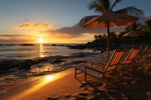 Summer travel banner picturesque sunset beach with umbrella loungers and palm trees