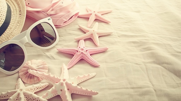 Photo summer travel beach theme background starfish and sunglasses on beach background