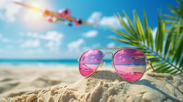 Summer travel beach theme background Sunglasses on beach background