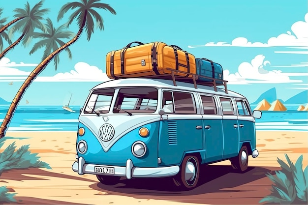 Summer travel Blue car van with luggage for summer holidays Beach sea view Vacation AI Generative