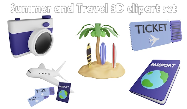 Foto elemento clipart estivo e di viaggio render 3d concetto estivo e di viaggio isolato su sfondo bianco