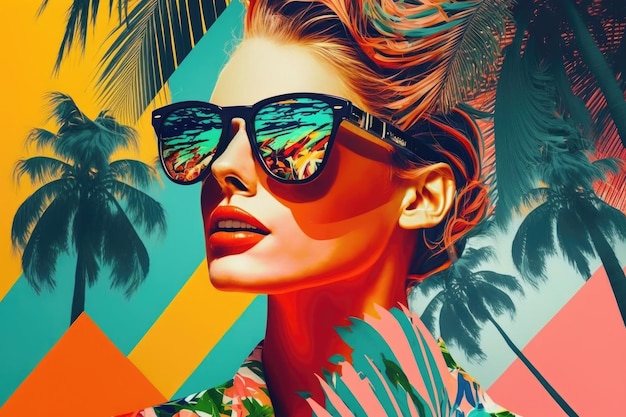 Summer travel collage 60s style fashion blonde woman wearing trendy sunglasses Generative AI