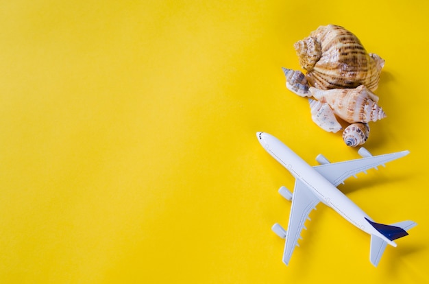 Summer travel concept. Decorative airplane and seashells on yellow background.