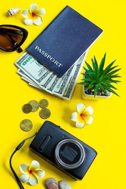 Summer travel concept Passport money sunglasses and a camera on a yellow background