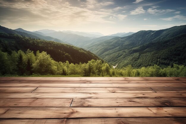 Summer travel view of wooden table framing a natural landscape of mountains and trees