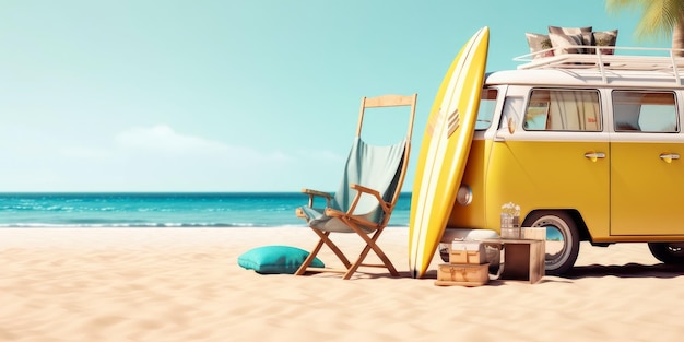 Летние путешествия Желтая машина с багажом для летнего отдыха Пляж с видом на море Отпуск Generative Ai