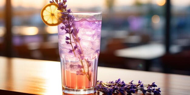 Summer trendy drink Lavender lemonade with lavender flowers lemon and ice cubes in transparent glass on table on blurred restaurant interior background Healthy refreshing beverage