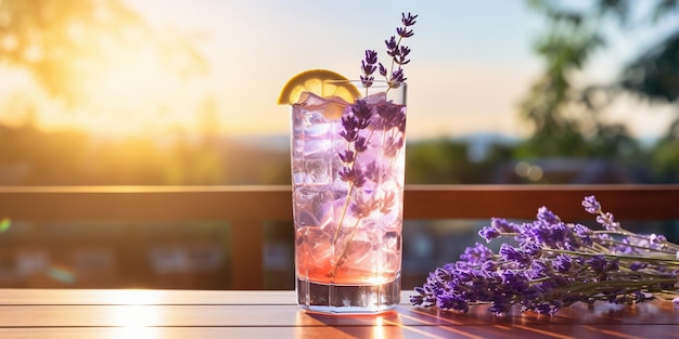 Summer trendy drink Lavender lemonade with lavender flowers lemon and ice cubes in transparent glass on table on blurred restaurant interior background Healthy refreshing beverage