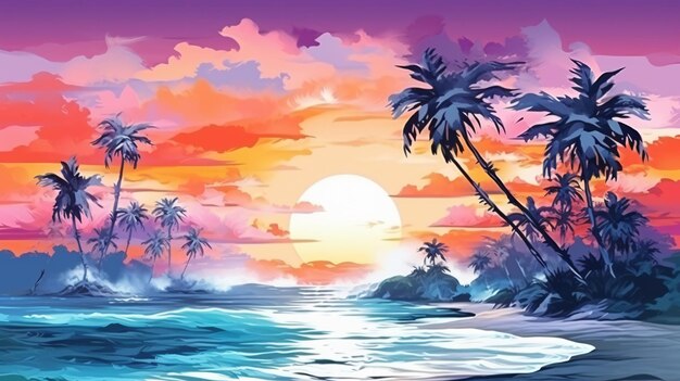 Летний тропический фон с пальмой морских волн