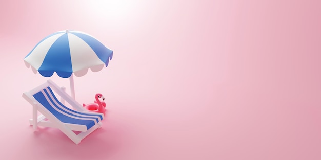 여름 열대 배너 컨셉 디자인 0f 비치 의자와 분홍색 배경 3D 렌더에 플라밍고가 부풀릴 수 있는 우산 나비
