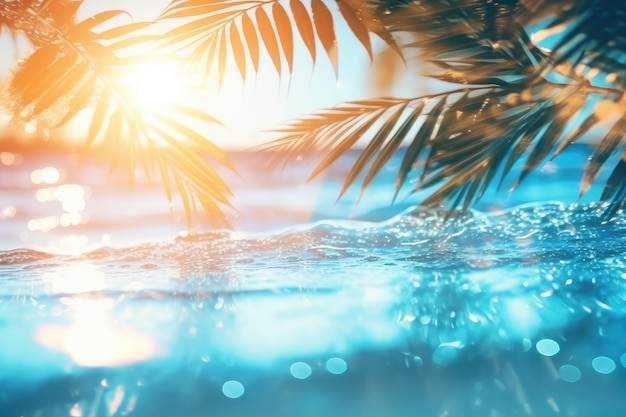 Summer tropical beach background with palm leaves sparkling water reflections Generative AI