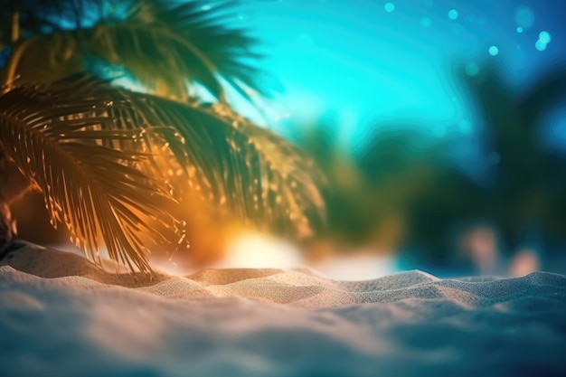 Summer tropical beach background with palm leaves sparkling water reflections Generative AI