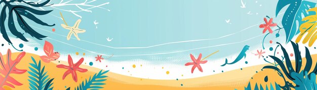 Photo summer tropical beach scene with sea palm leaves flowers and starfish banner