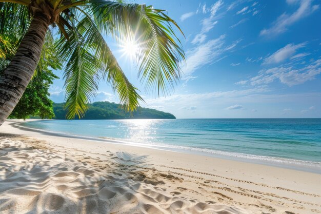 Летний тропический пляж с белым песком и кокосовыми деревьями