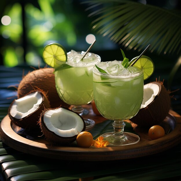 Summer tropical cocktail in fresh green coconut with two colorful umbrellas on palm tree leaves back