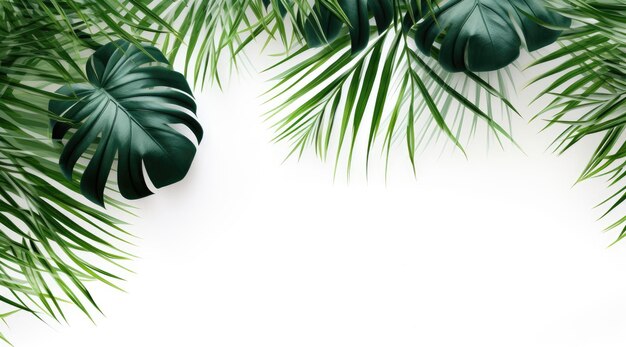 Summer tropical composition with green palm leaves on white background Generative AI