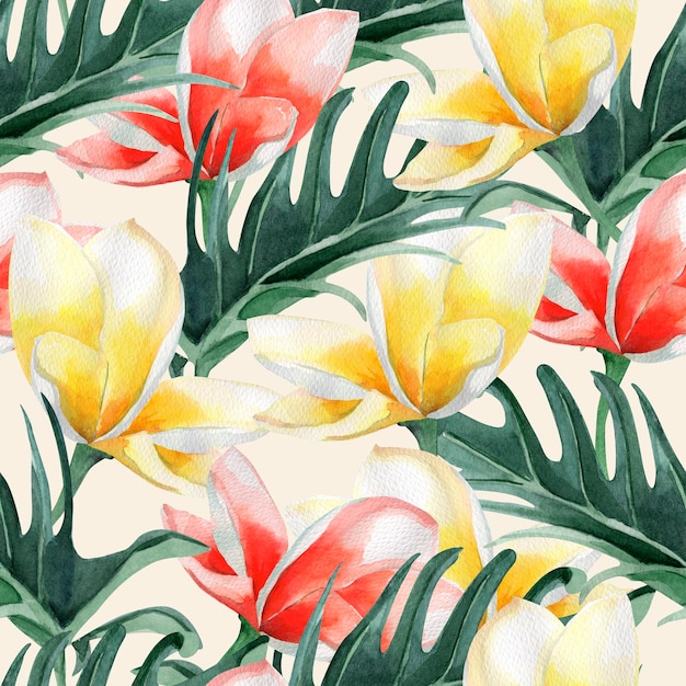Summer tropical flowers and leaves watercolor seamless pattern