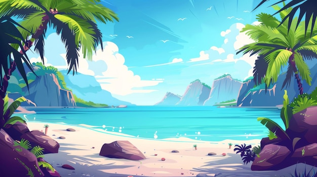 The summer tropical lagoon landscape with calm sea or ocean water sand beach stone and palm trees with coconuts rocky mountains and blue sky with clouds Cartoon modern empty shore scene