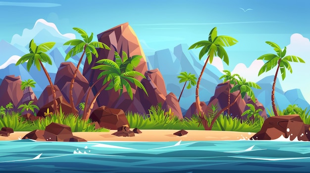 The summer tropical landscape includes a sand sea beach with palm trees and mountains in the water A modern cartoon depicts an ocean shore with islands and grass rocks and stones