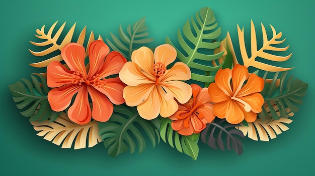 summer tropical leaf paper cut style illustration on green background