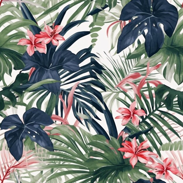 Summer tropical leaves and flowers pattern wallpaper