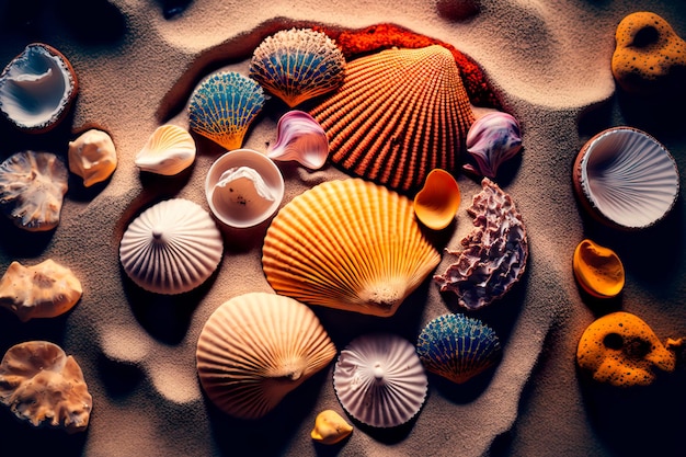 Summer vacation Beautiful seashells and starfish on beach sand