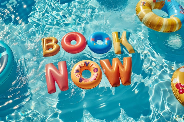 Summer vacation book now message pool floats in a holiday swimming pool