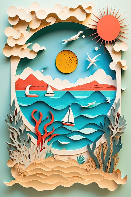 바다 야자 보트와 태양이 있는 여름 휴가 카드 페이퍼컷 스타일 Generative AI