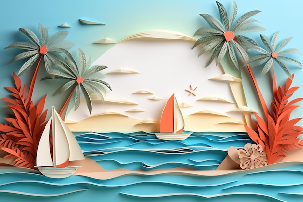 Summer vacation card with sea sunset palms boat and sun Papercut style