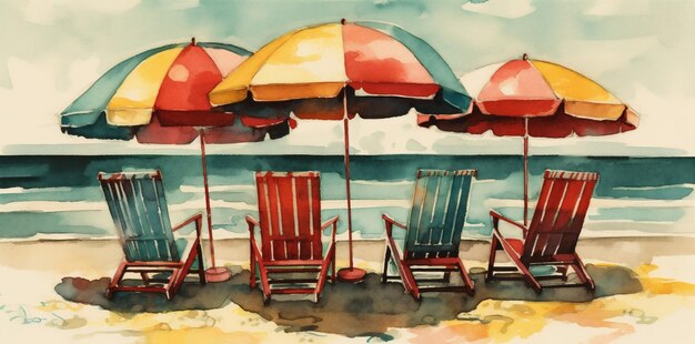 Summer vacation chair umbrella relax background water resort watercolor beach rest Generative AI