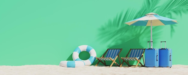 Summer vacation concept background with swimming tubes and beach chairs 3d rendering